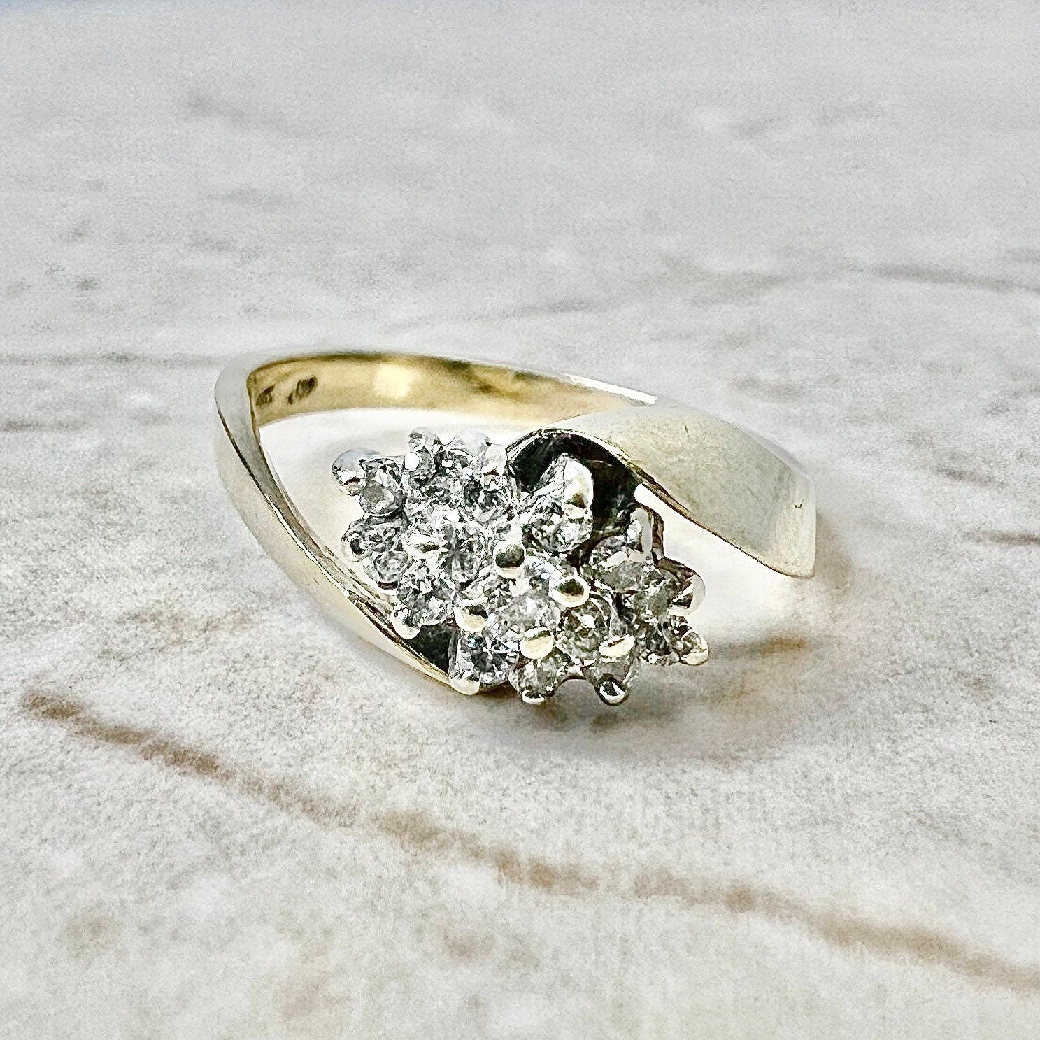 Vintage 14K Diamond Cluster Ring - Yellow & White Gold Diamond Cocktail Ring - Anniversary Ring - Best Birthday Gift For Her - Jewelry Sale