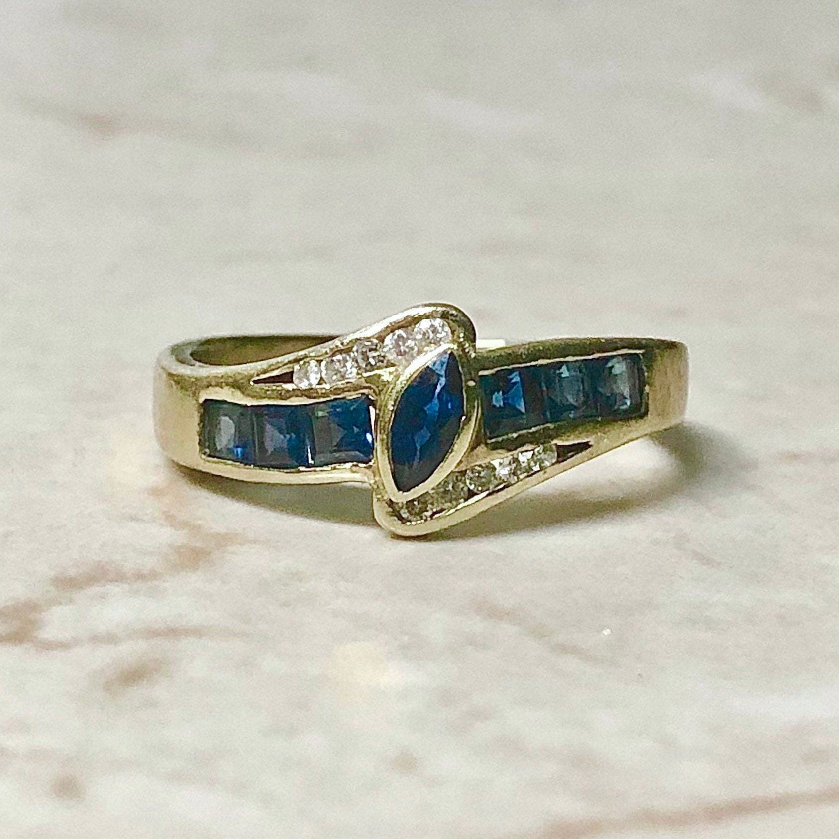 14K Sapphire And Diamond Cocktail Ring - Yellow Gold Sapphire Ring - Sapphire Engagement Ring - Anniversary Ring - September Birthstone Ring
