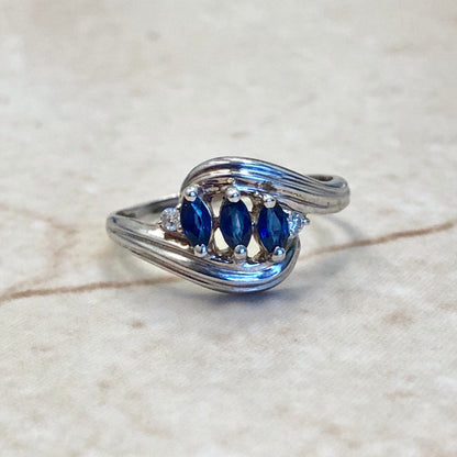 14 Natural Sapphire & Diamond Cocktail Ring - White Gold Three Stone Ring - Genuine Gemstone - September Birthstone - Birthday Gift