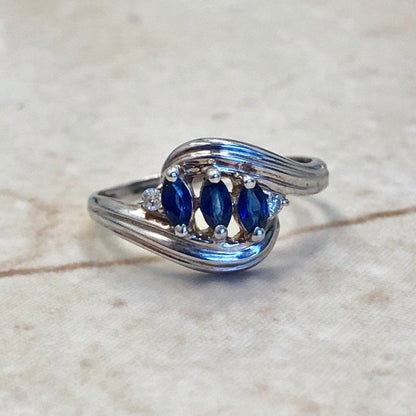 14 Natural Sapphire & Diamond Cocktail Ring - White Gold Three Stone Ring - Genuine Gemstone - September Birthstone - Birthday Gift