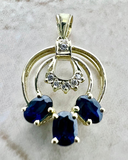 Vintage 14K Sapphire & Diamond Pendant Necklace - Yellow Gold Sapphire Pendant - September Birthstone - Birthday Gift - Best Gift For Her