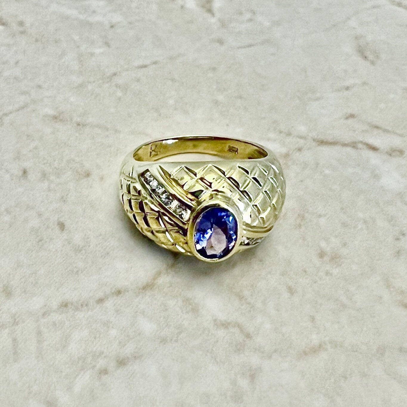 CLEARANCE 40% OFF - Vintage 14 Karat Yellow Gold Bezel - Set 0.85 Carat Oval Tanzanite & White Topaz Cocktail Ring - WeilJewelry