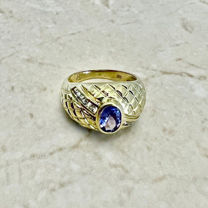 CLEARANCE 40% OFF - Vintage 14 Karat Yellow Gold Bezel - Set 0.85 Carat Oval Tanzanite & White Topaz Cocktail Ring - WeilJewelry