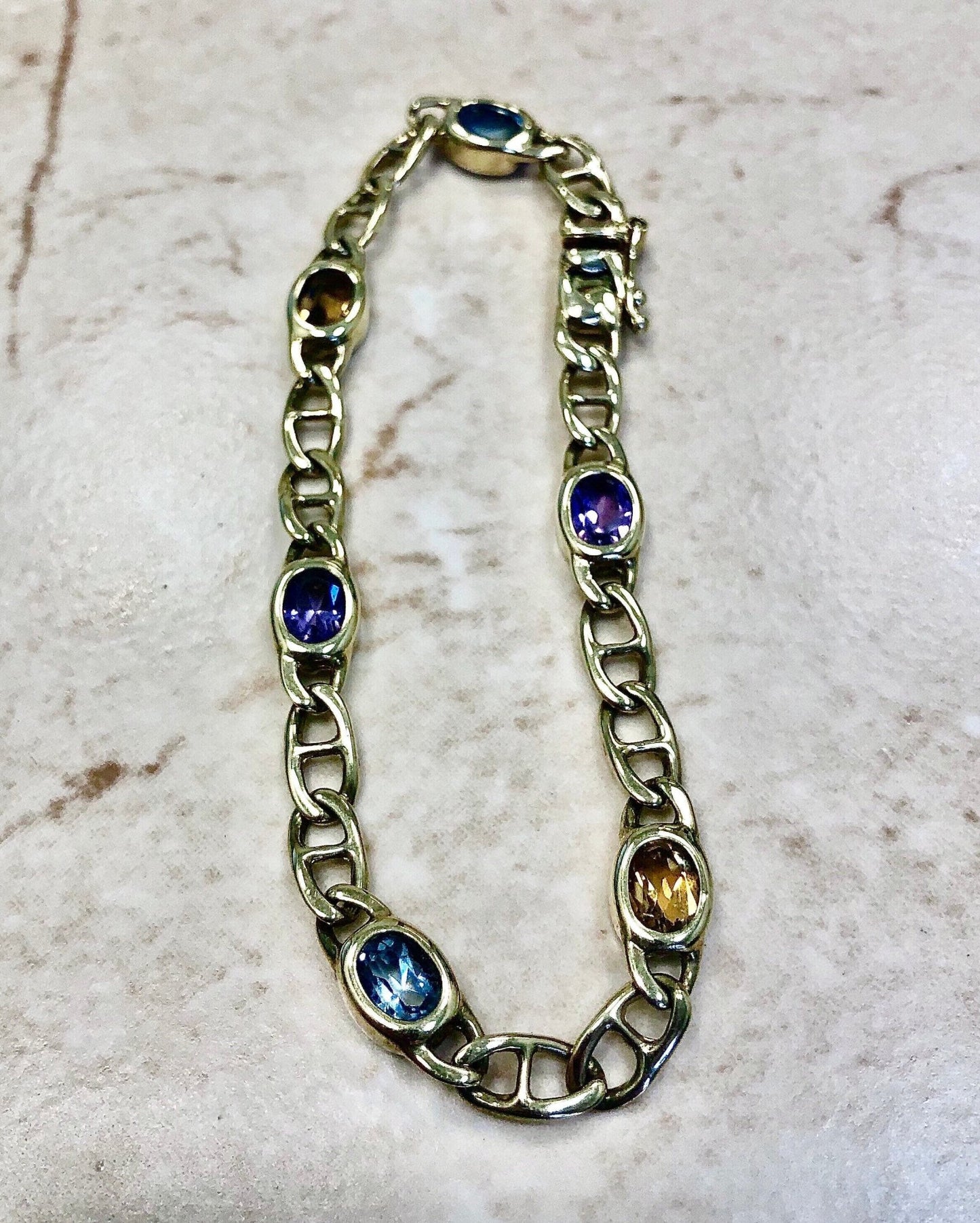 Vintage Multi Gemstone Gold Bracelet - 14 Karat Yellow Gold - Amethyst, Blue Topaz, Citrine Bracelet - Link Bracelet - Birthstone Gift