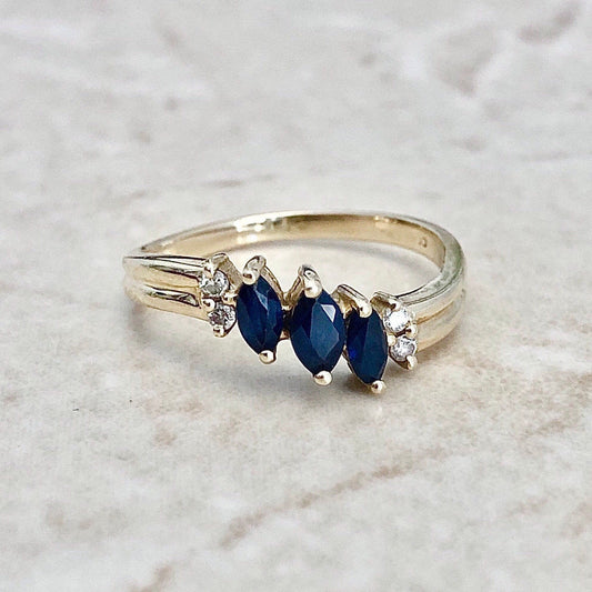 CLEARANCE 40% OFF - Vintage 14 Karat Yellow Gold Marquise Blue Sapphire & Diamond Three - Stone Band Ring - WeilJewelry