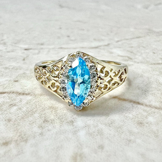 CLEARANCE 40% OFF - Vintage 14 Karat Yellow Gold Marquise Swiss Blue Topaz & Diamond Halo Ring - WeilJewelry