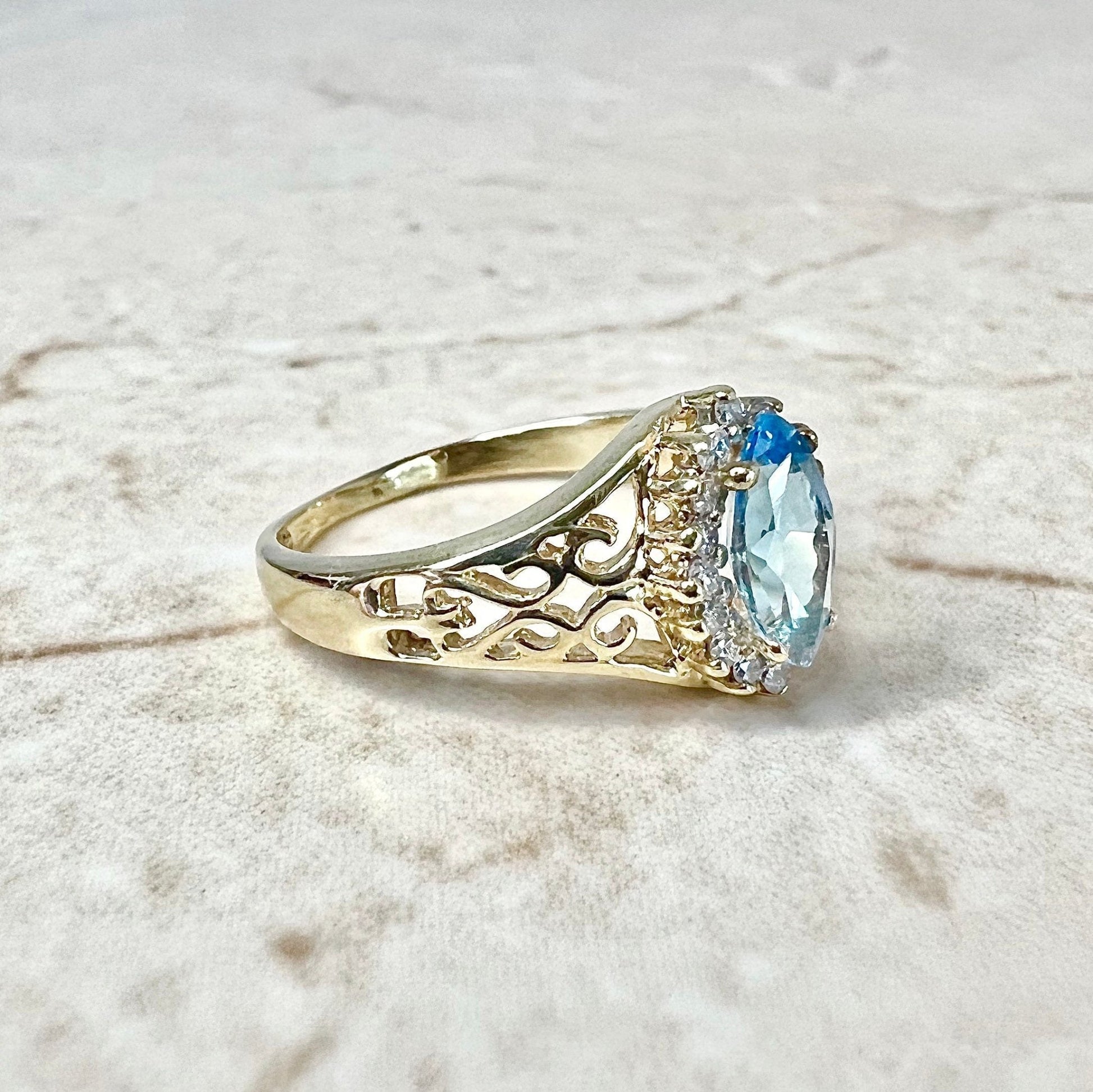 CLEARANCE 40% OFF - Vintage 14 Karat Yellow Gold Marquise Swiss Blue Topaz & Diamond Halo Ring - WeilJewelry