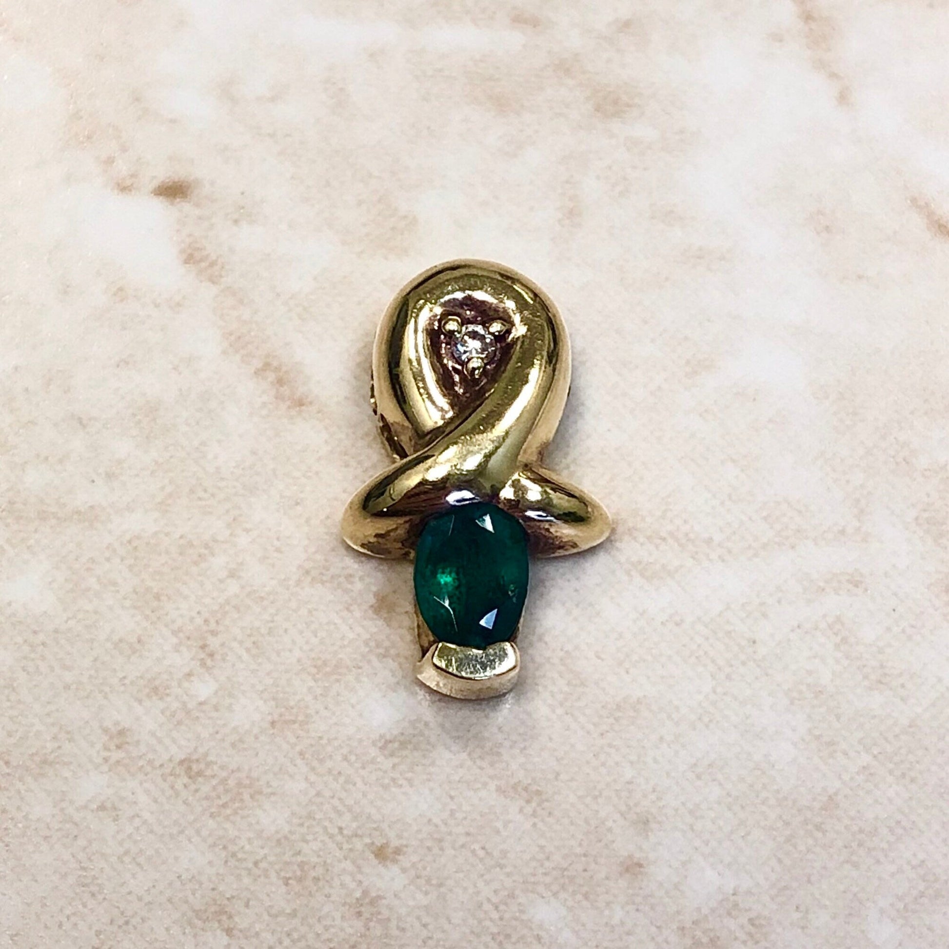 Vintage 14K Natural Emerald & Diamond Pendant - Yellow Gold - May Birthstone - Emerald Necklace - Birthday Gift