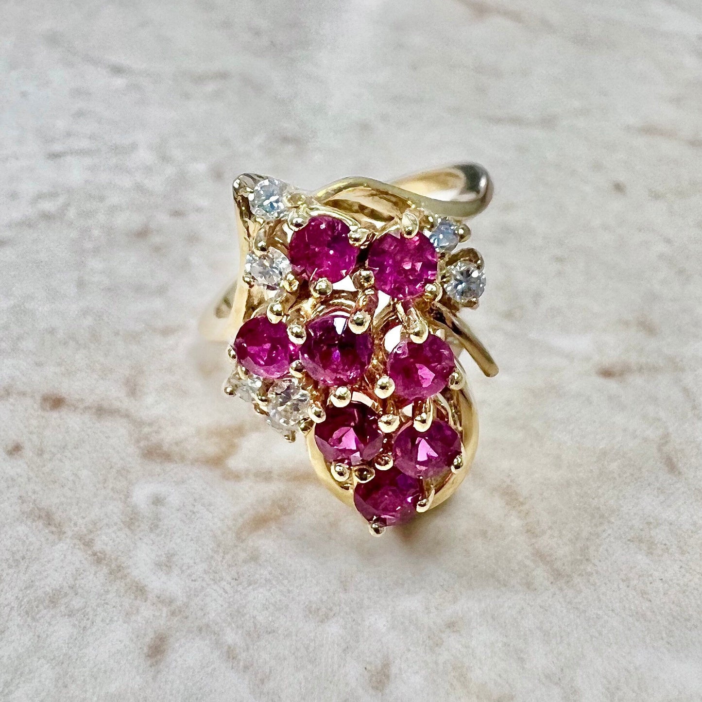 Vintage 14K Gold Natural Ruby & Diamond Cocktail Ring - Yellow Gold Genuine Ruby Ring - Ruby Cocktail Ring - July Birthstone - Birthday Gift