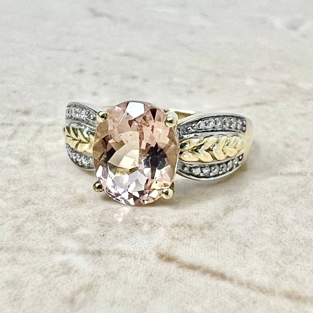 CLEARANCE 40% OFF - Vintage 14 Karat Yellow & White Gold 2 Carats Oval Morganite & Diamond Solitaire Ring - WeilJewelry