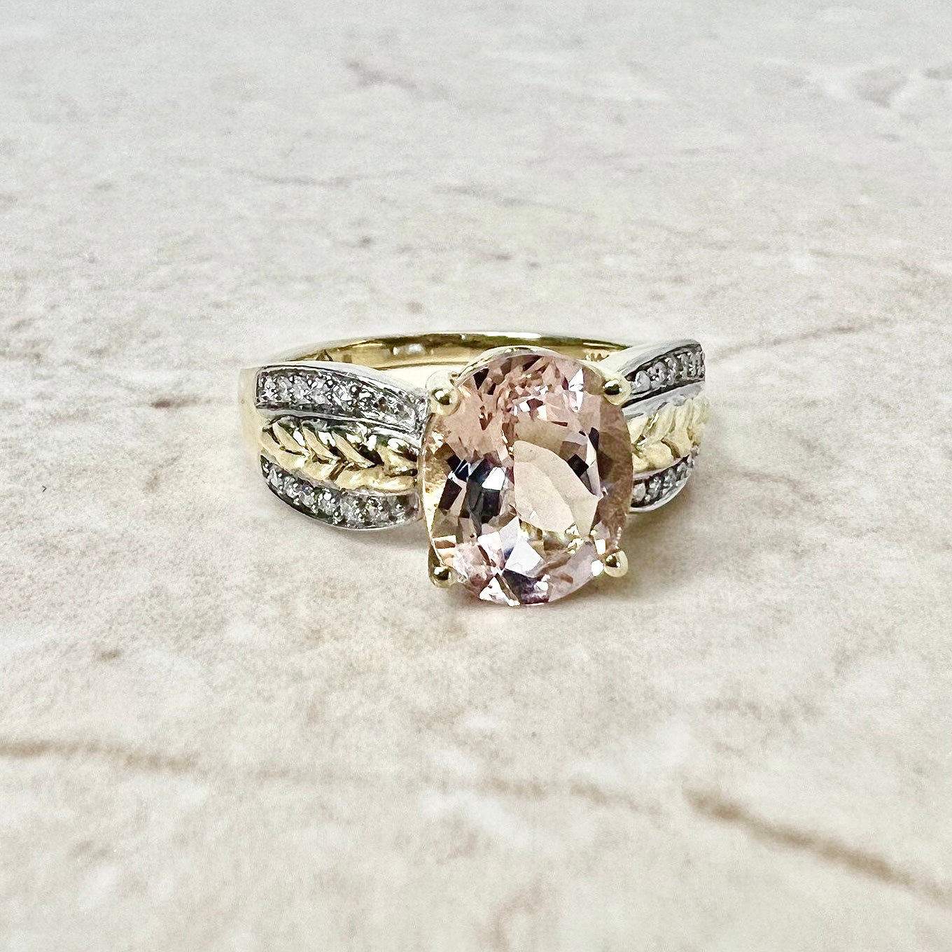 CLEARANCE 40% OFF - Vintage 14 Karat Yellow & White Gold 2 Carats Oval Morganite & Diamond Solitaire Ring - WeilJewelry