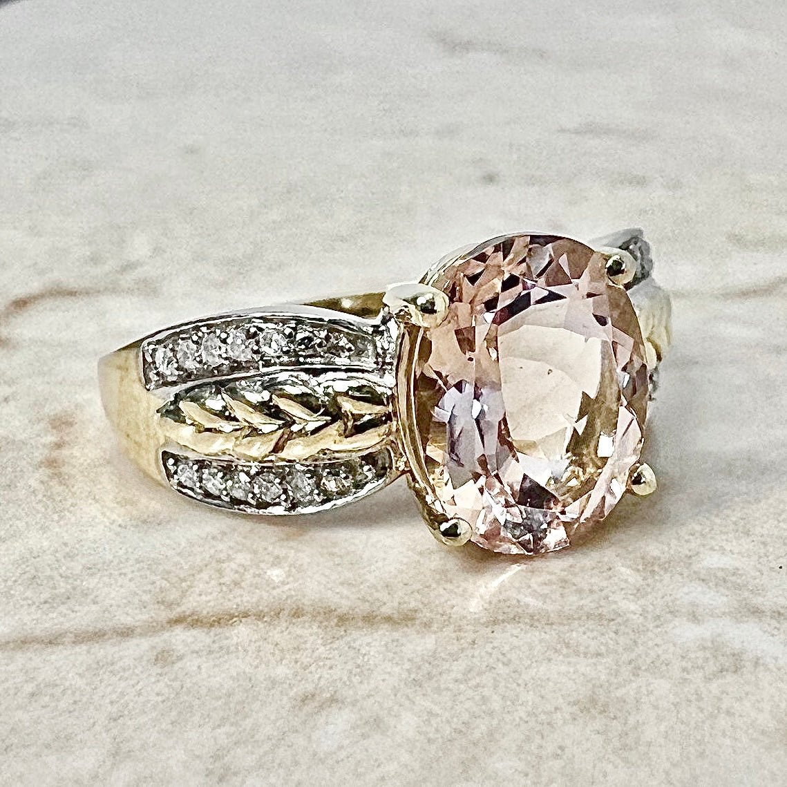 CLEARANCE 40% OFF - Vintage 14 Karat Yellow & White Gold 2 Carats Oval Morganite & Diamond Solitaire Ring - WeilJewelry