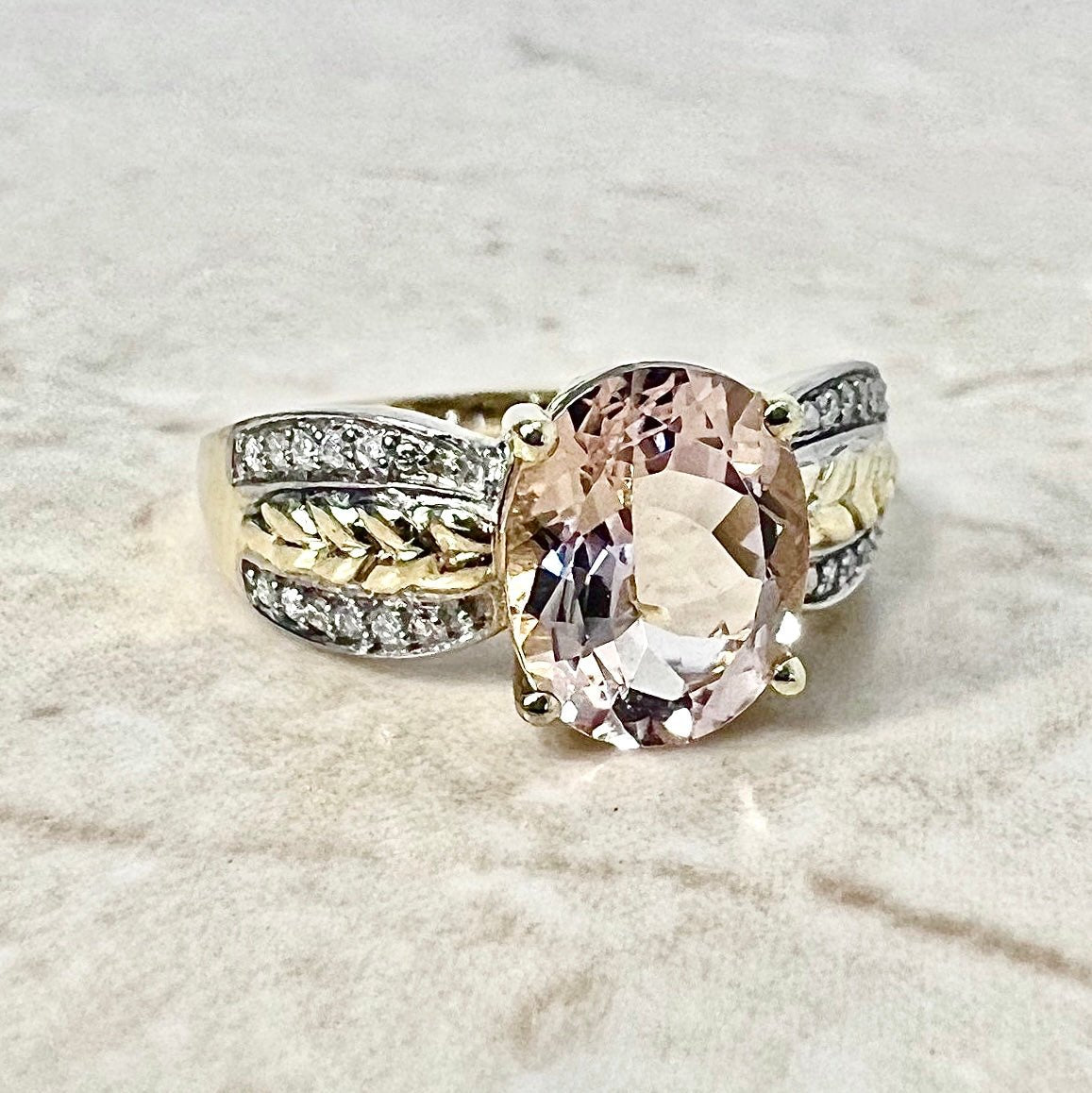 CLEARANCE 40% OFF - Vintage 14 Karat Yellow & White Gold 2 Carats Oval Morganite & Diamond Solitaire Ring - WeilJewelry