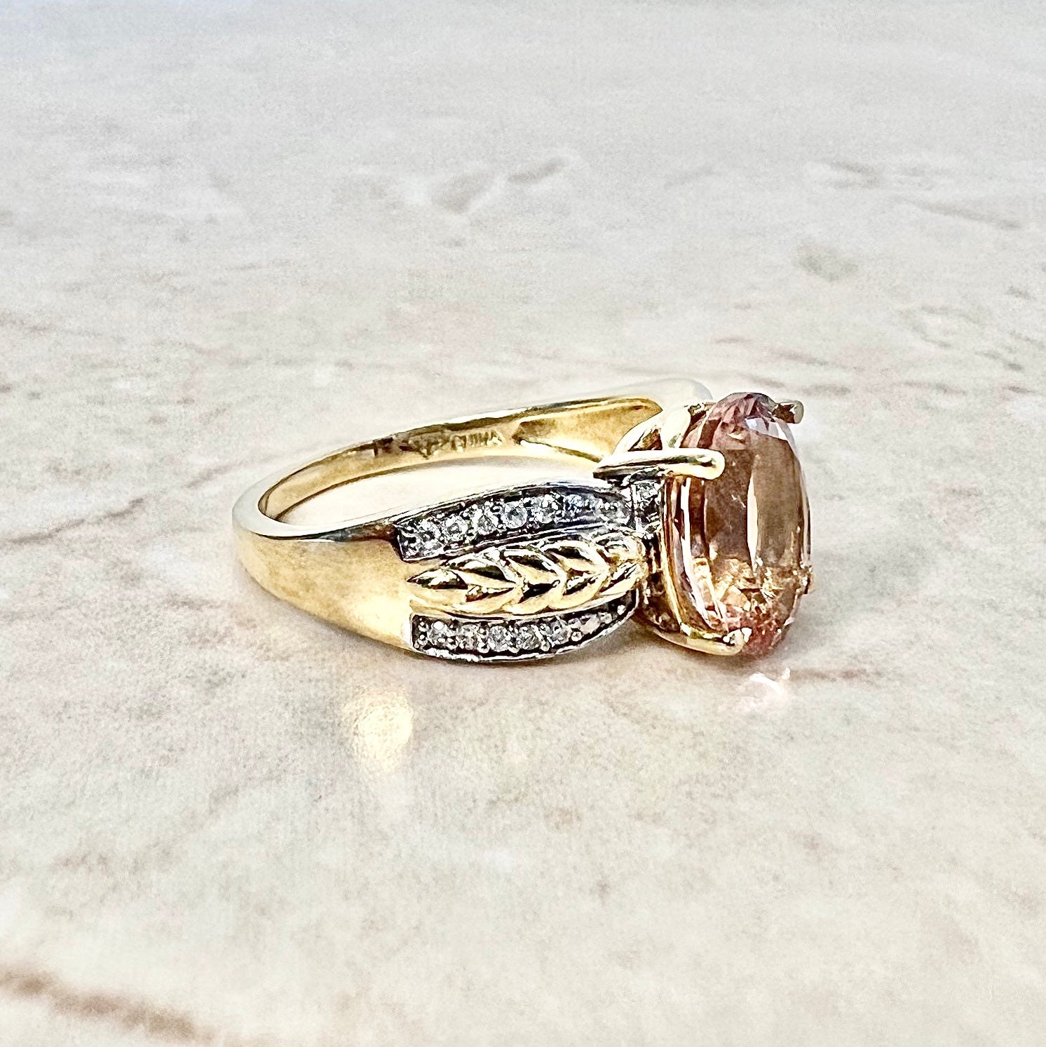 CLEARANCE 40% OFF - Vintage 14 Karat Yellow & White Gold 2 Carats Oval Morganite & Diamond Solitaire Ring - WeilJewelry