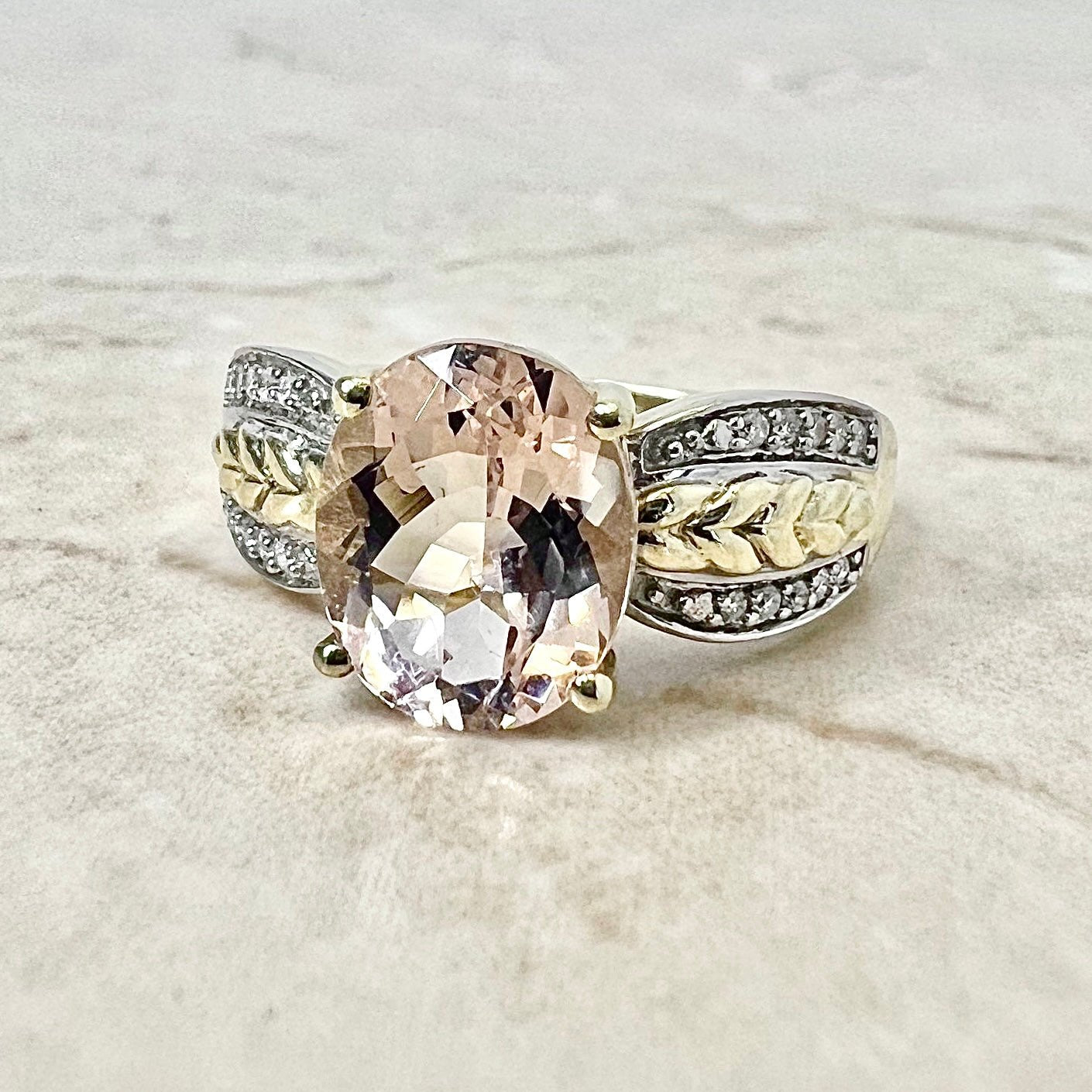 CLEARANCE 40% OFF - Vintage 14 Karat Yellow & White Gold 2 Carats Oval Morganite & Diamond Solitaire Ring - WeilJewelry