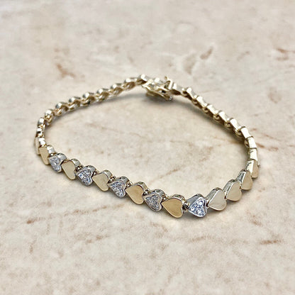 Vintage 14K Heart Diamond Bracelet - 2 Tone Gold Link Bracelet - Gold Diamond Heart Bracelet - Valentine’s Day Gift For Her - Love Bracelet