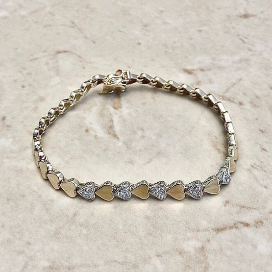 Vintage 14K Heart Diamond Bracelet - 2 Tone Gold Link Bracelet - Gold Diamond Heart Bracelet - Valentine’s Day Gift For Her - Love Bracelet