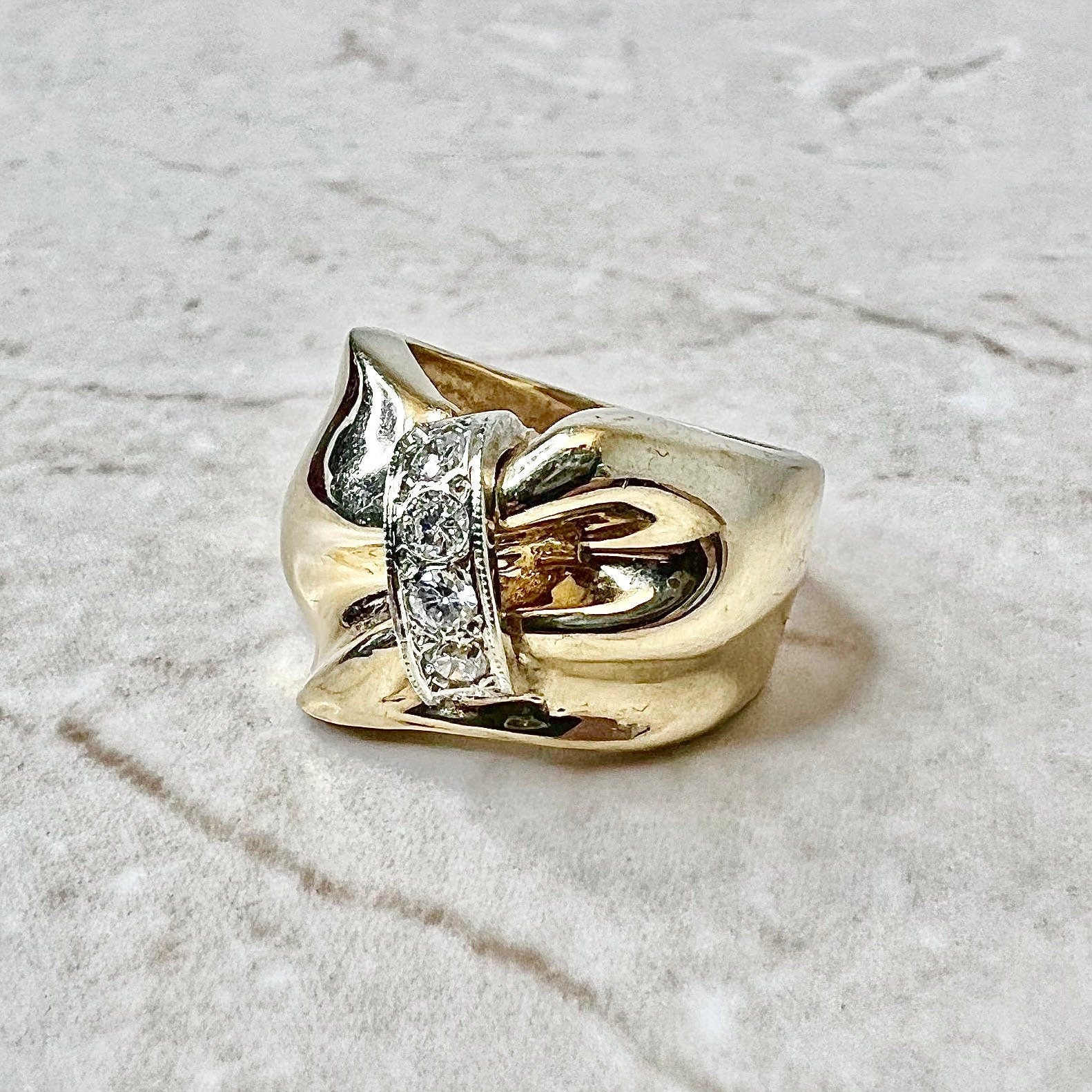 Fine Vintage 14K Retro Diamond Ring - Two Tone Gold - Diamond Cocktail Ring - Birthday Gift - Holiday Gift - Yellow & White Gold - Size 5.5