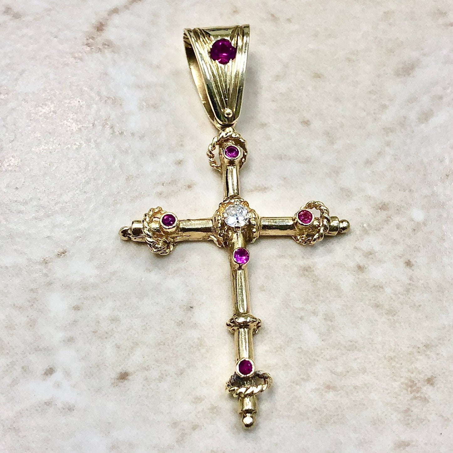 CLEARANCE 40% OFF - Vintage 1950’s 14 Karat Yellow Gold Synthetic Ruby & Diamond Cross Pendant - WeilJewelry