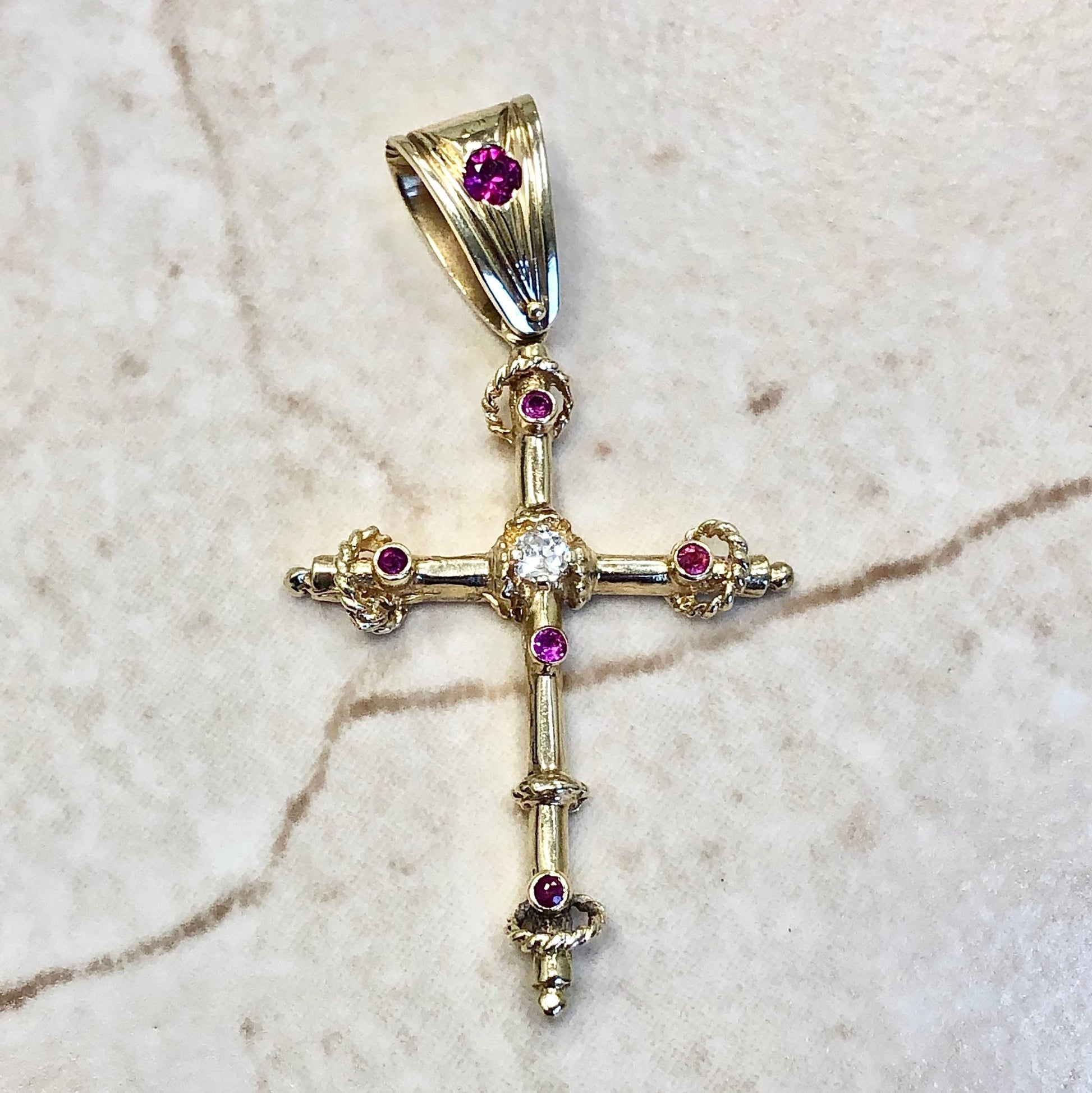 CLEARANCE 40% OFF - Vintage 1950’s 14 Karat Yellow Gold Synthetic Ruby & Diamond Cross Pendant - WeilJewelry