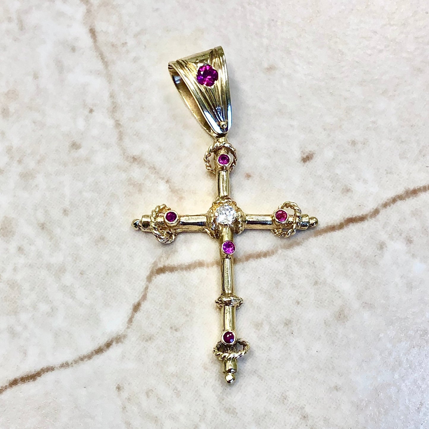 CLEARANCE 40% OFF - Vintage 1950’s 14 Karat Yellow Gold Synthetic Ruby & Diamond Cross Pendant - WeilJewelry