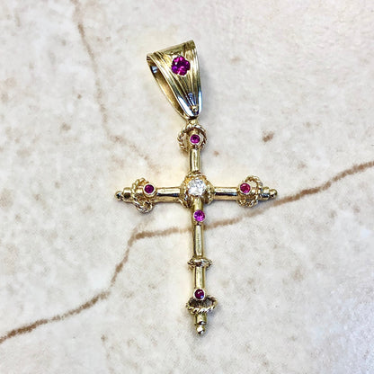 CLEARANCE 40% OFF - Vintage 1950’s 14 Karat Yellow Gold Synthetic Ruby & Diamond Cross Pendant - WeilJewelry