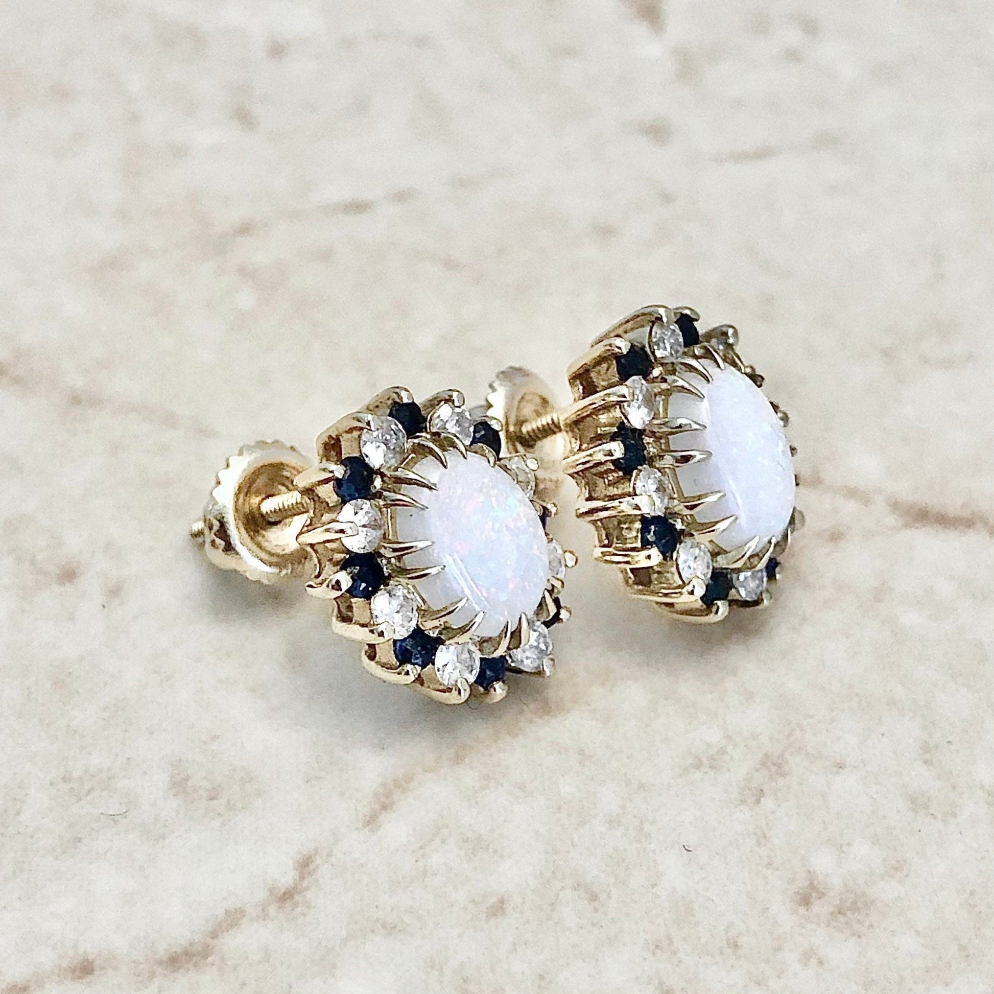 Vintage Opal Sapphire & Diamond Stud Earrings - Handcrafted 14K Yellow Gold - April September October Birthstone Earrings - Birthday Gift