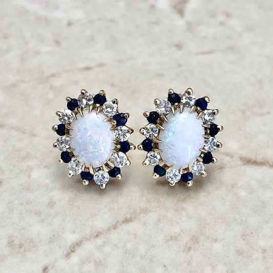 Vintage Opal Sapphire & Diamond Stud Earrings - Handcrafted 14K Yellow Gold - April September October Birthstone Earrings - Birthday Gift