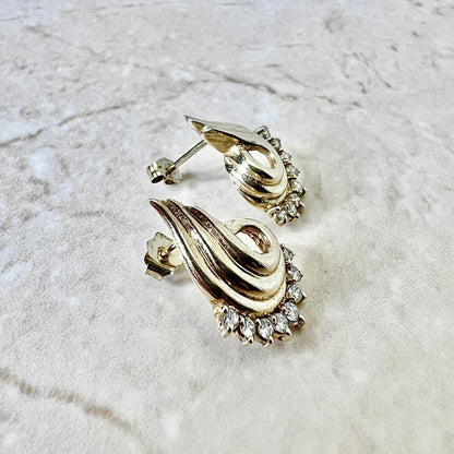 Vintage 14K Gold Diamond Earrings - Sculpted Yellow Gold Earrings - Diamond Cluster Earrings - Birthday Gift - Best Gifts For Her