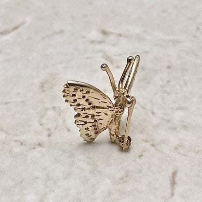 Exquisite Vintage 14K Natural Ruby & Diamond Butterfly Brooch - Yellow Gold Pin - Birthday Gift For Her - April July Birthstone