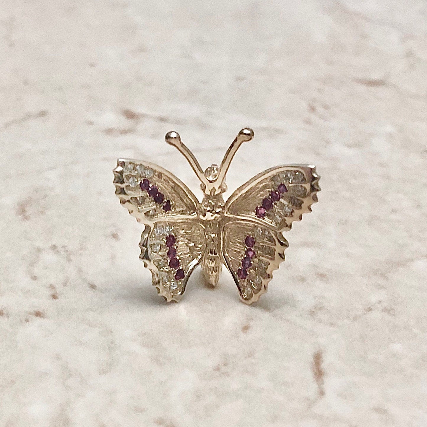 Exquisite Vintage 14K Natural Ruby & Diamond Butterfly Brooch - Yellow Gold Pin - Birthday Gift For Her - April July Birthstone