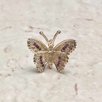 Exquisite Vintage 14K Natural Ruby & Diamond Butterfly Brooch - Yellow Gold Pin - Birthday Gift For Her - April July Birthstone