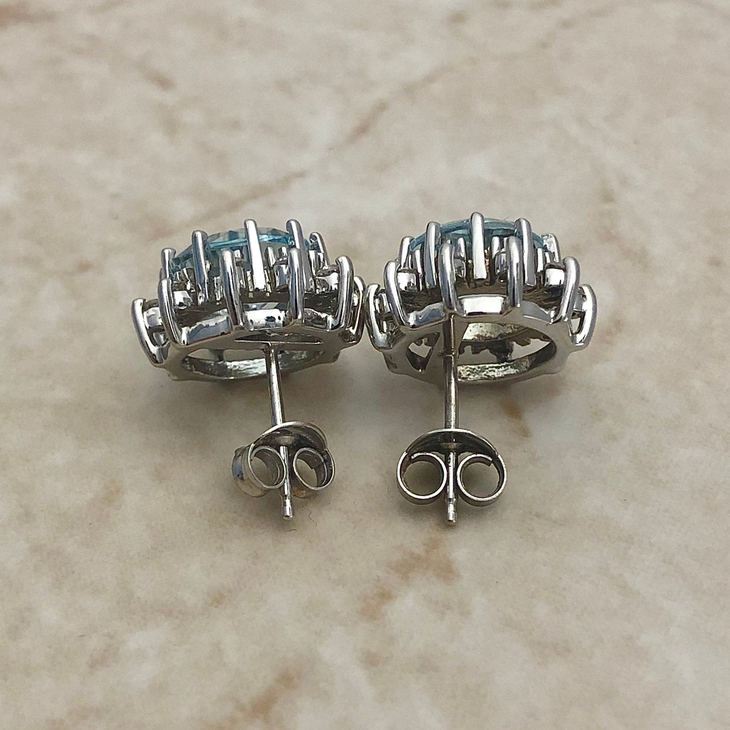 Fine 14K White Gold Lady’s Aquamarine & Diamond Halo Stud Earrings 3.24 CTTW - March Birthstone - Cocktail Earrings