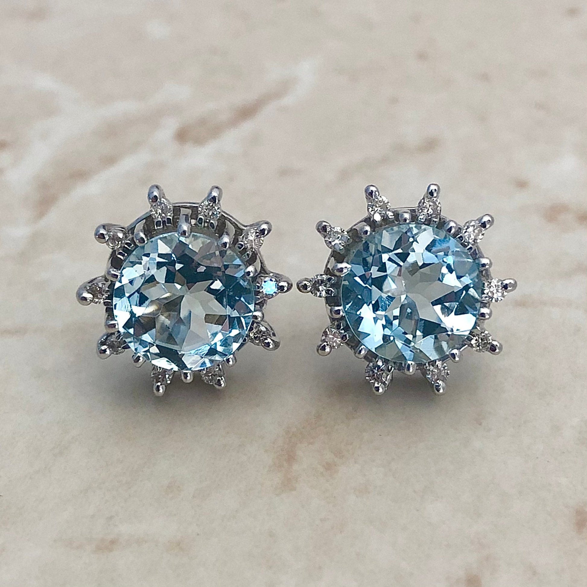 Fine 14 Karat White Gold Lady’s Aquamarine & Diamond Halo Stud Earrings - WeilJewelry