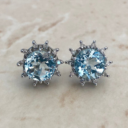 Fine 14K White Gold Lady’s Aquamarine & Diamond Halo Stud Earrings 3.24 CTTW - March Birthstone - Cocktail Earrings