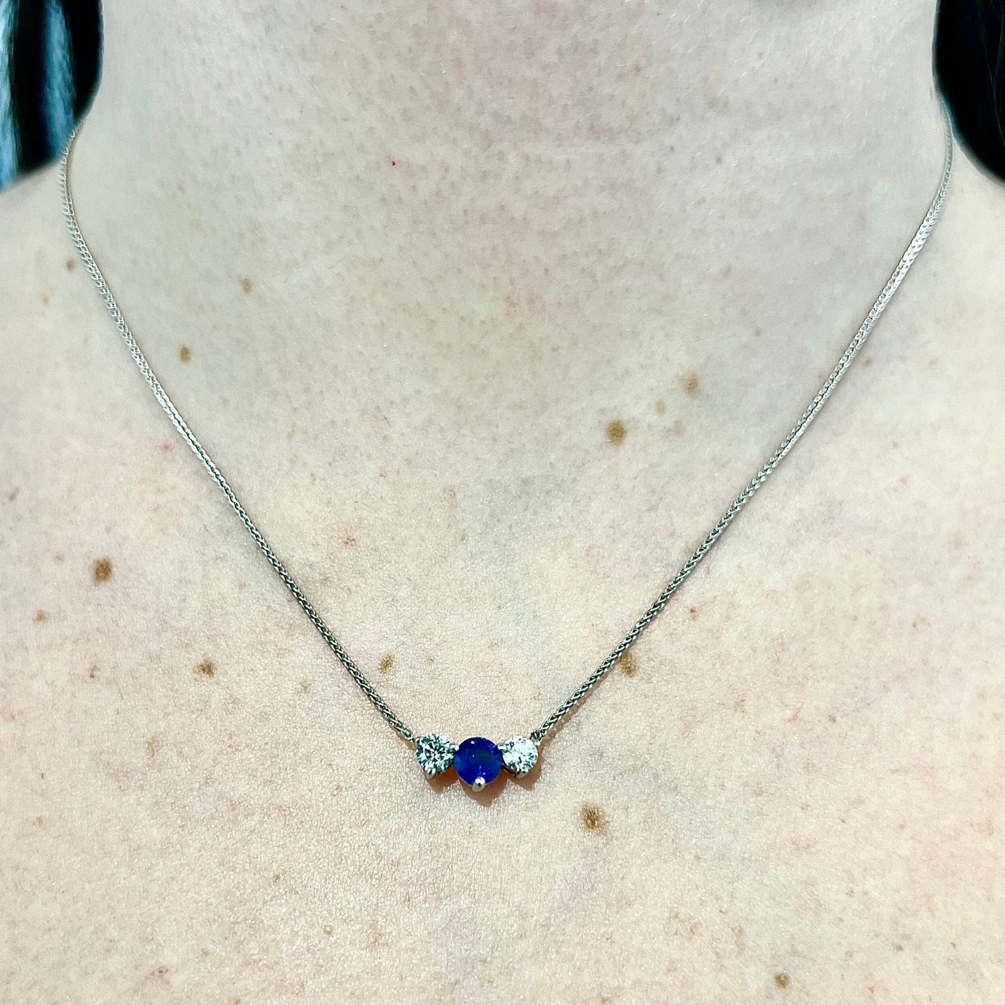 Fine 14K Sapphire & Diamond 3 Stone Pendant Necklace - Sapphire Necklace - Birthday Gift - April September Birthstone Best Gifts For Her