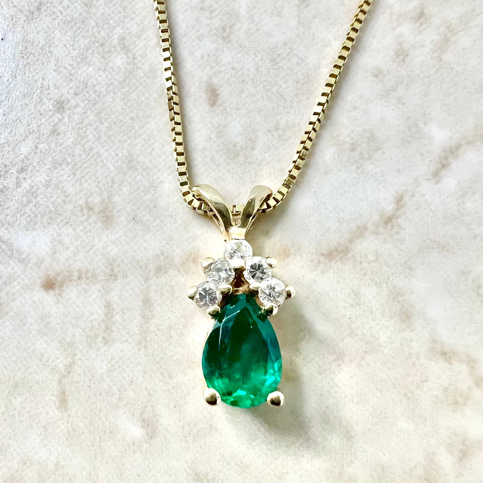 Fine 14 Karat Yellow Gold 0.65 Carat Natural Pear Shape Emerald & Diamond Teardrop Pendant Necklace - WeilJewelry