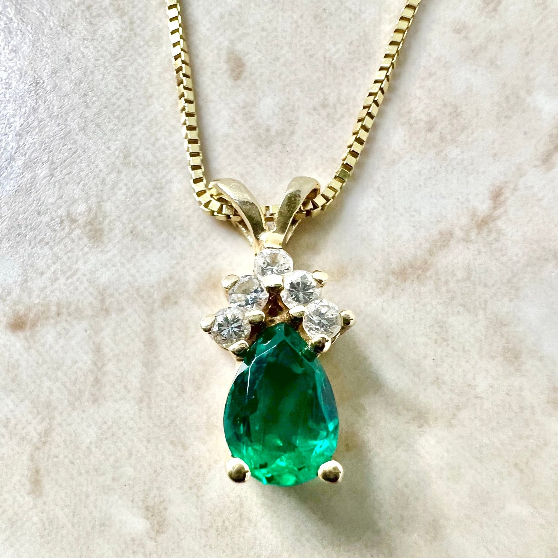 Fine 14K Pear Shape Emerald Necklace - 14K Yellow Gold Natural Emerald Pendant Necklace - Teardrop Emerald Pendant - May Birthstone Necklace