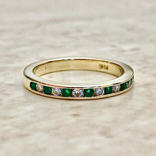 Fine 14 Karat Yellow Gold Natural Emerald & Diamond Band Ring - WeilJewelry