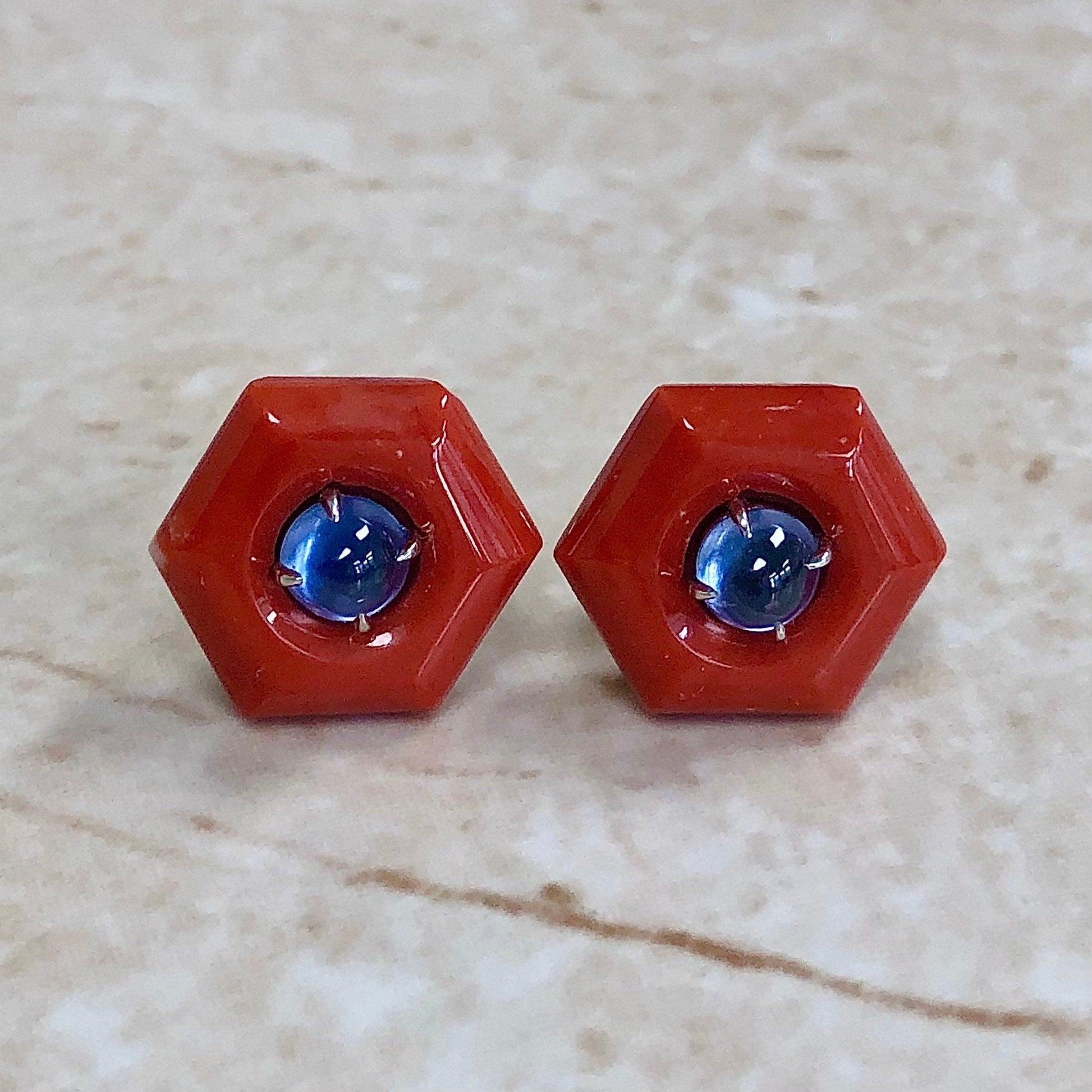 Fine 18 Karat Yellow Gold Untreated Blue Sapphire & Oxblood Coral Stud Earrings By Carvin French - WeilJewelry