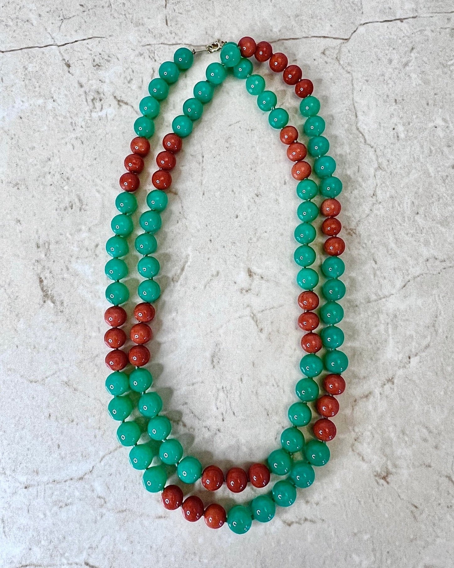 Fine 18K Coral & Chrysoprase Strand Necklace By Carvin French - Yellow Gold Gemstone Necklace - Oxblood Coral Necklace - Best Gifts For Her