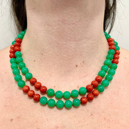 Fine 36 Inches Coral & Chrysoprase Strand Necklace With 18 Karat Yellow Clasp By Carvin French - WeilJewelry
