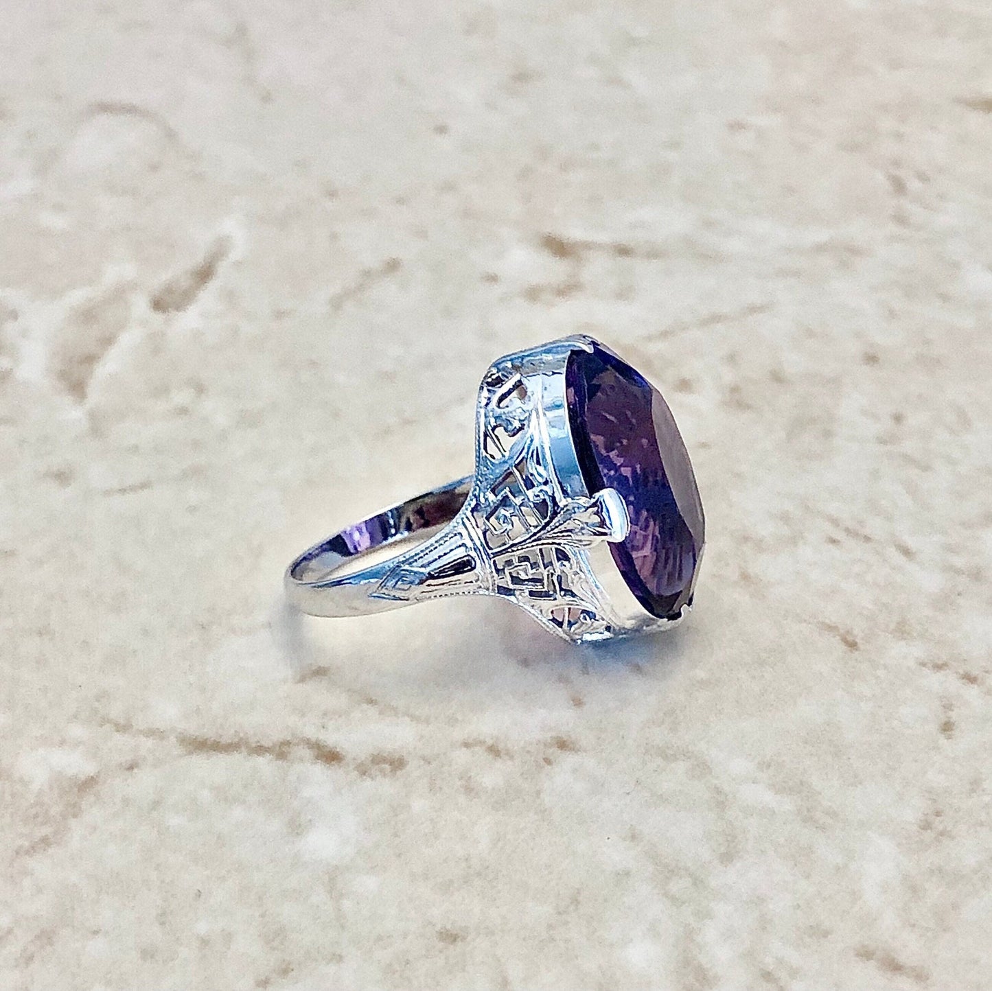 Fine Antique Art Deco 18 Karat White Gold 12.50 Carats Oval Amethyst Filigree Solitaire Ring - WeilJewelry