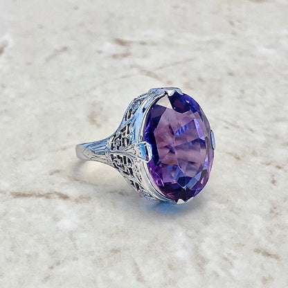 Fine Antique Art Deco 18 Karat White Gold 12.50 Carats Oval Amethyst Filigree Solitaire Ring - WeilJewelry