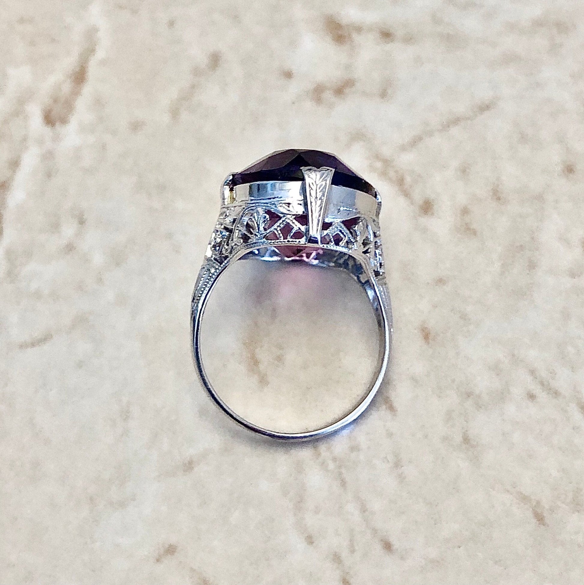 Fine Antique Art Deco 18K Amethyst Filigree Ring In White Gold - Birthday Gift - February Birthstone - Best Gifts for Her - Art Deco Ring