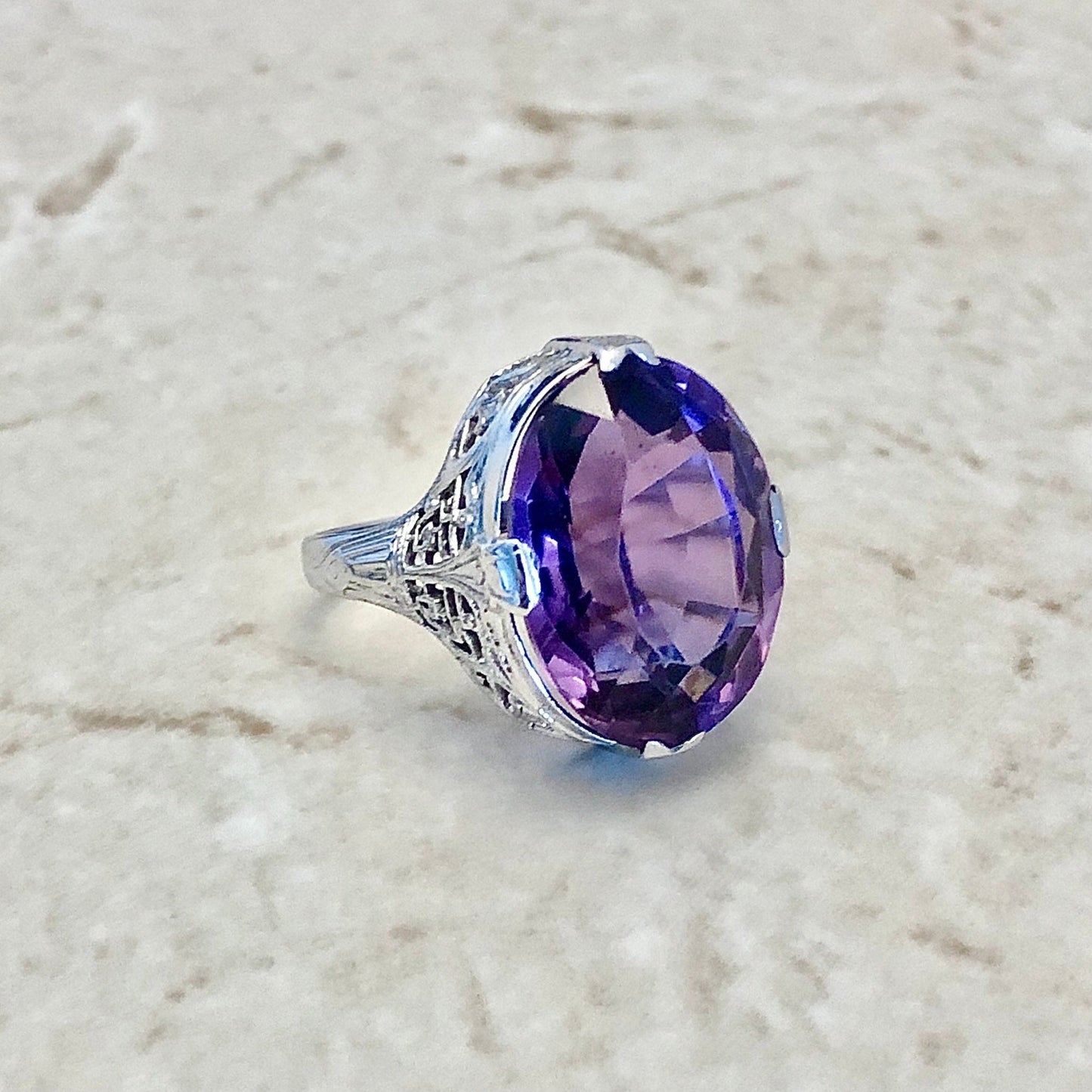 Fine Antique Art Deco 18 Karat White Gold 12.50 Carats Oval Amethyst Filigree Solitaire Ring - WeilJewelry