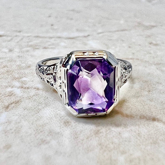 Fine Antique 18K Art Deco Amethyst Filigree Solitaire Ring - White Gold - Birthday Gift For Her - February Birthstone - Vintage Jewelry Sale