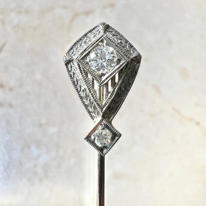 Fine Antique Art Deco Platinum & 14 Karat White Gold Diamond Stick Pin - WeilJewelry