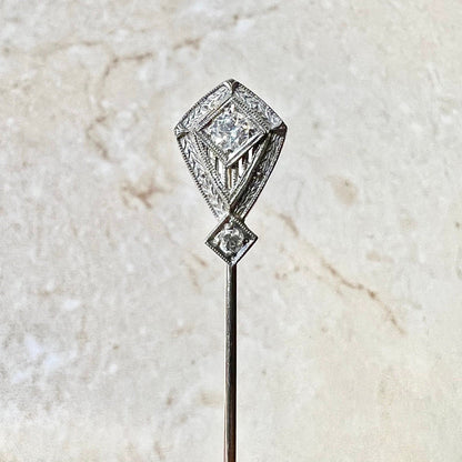 Fine Antique Art Deco Platinum & 14 Karat White Gold Diamond Stick Pin - WeilJewelry