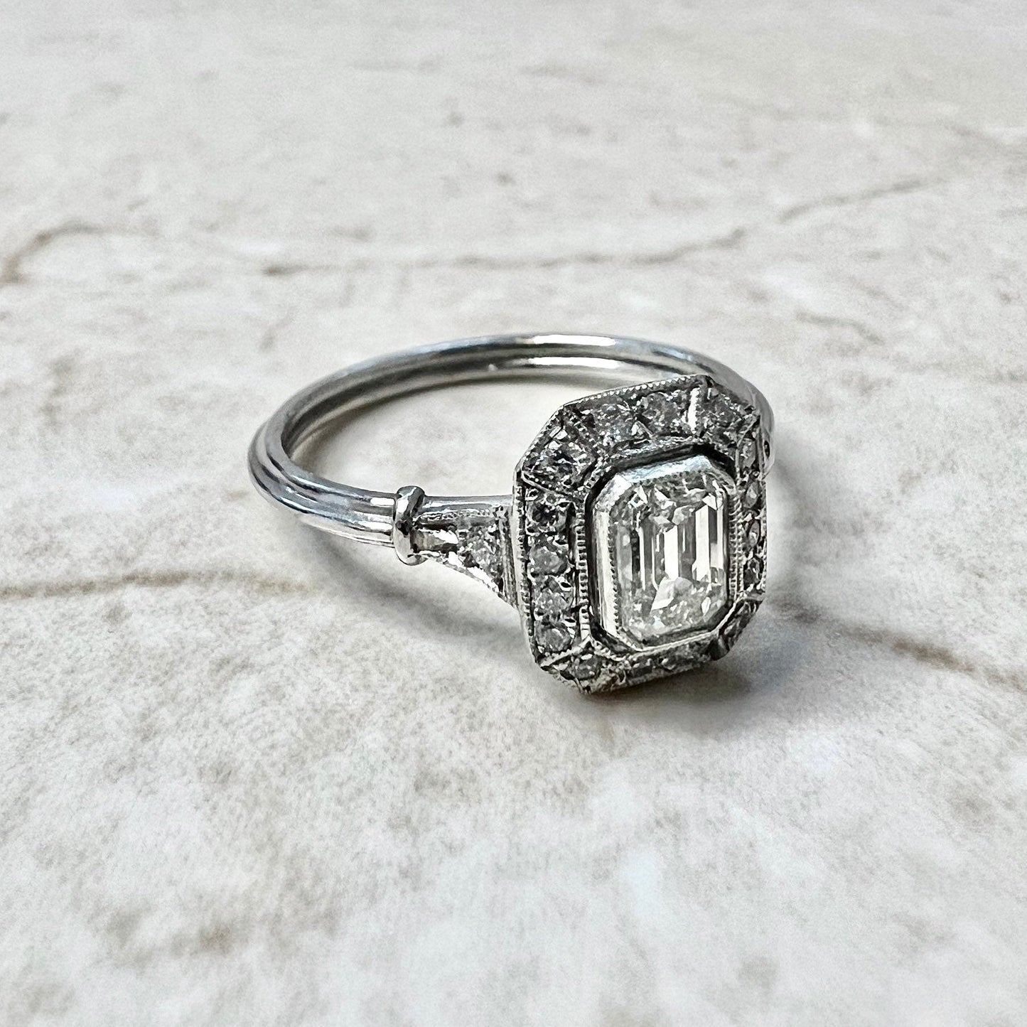 Handcrafted Platinum Art Deco Style Diamond Halo Ring 0.78 CT- Emerald Cut Diamond Halo Engagement Ring - Promise Ring - Vintage Style Ring